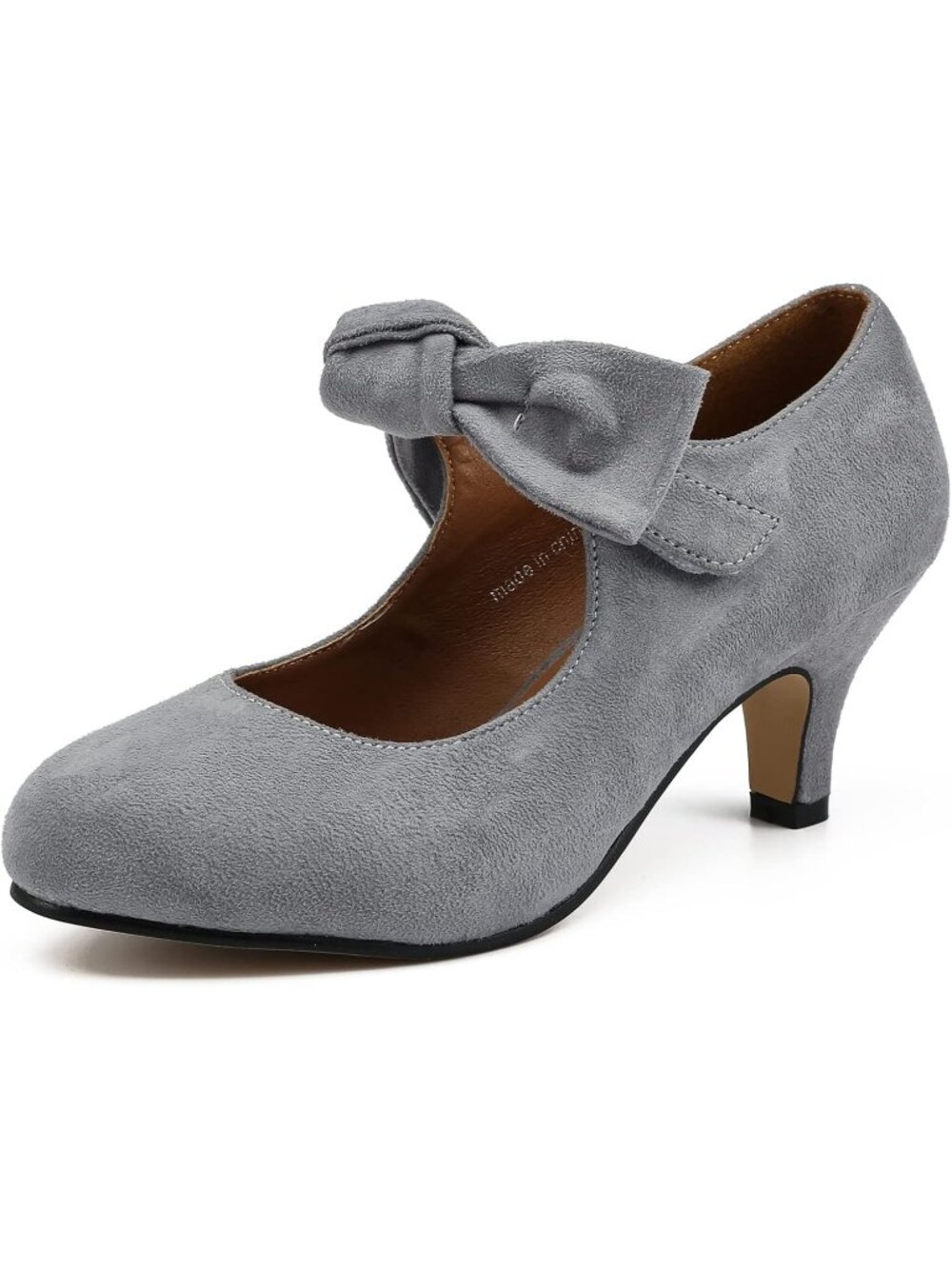🎄Women's Grey Faux Velvet Bow Strap Mary Jane Kitten Heel Pumps Dress Shoes